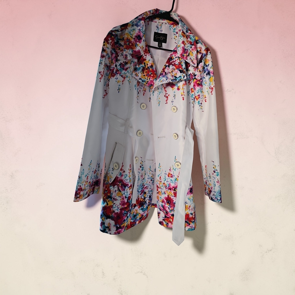 NWOT Jessica Simpson White Trench Coat with Multicolor Floral Detail
